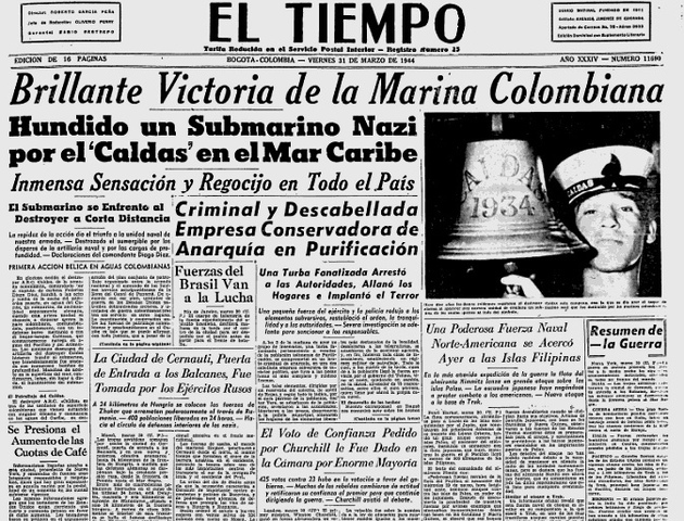 Portada de periódico Colombiando anunciando el presunto hundimiento del submarino por el Caldas