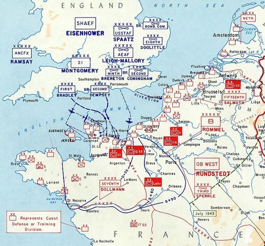 Mapa con el emplazamiento real de las tropas aliadas y alemanas en la primavera de 1944